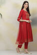 Red Art Silk A-Line Kurta Slim Pant Suit Set image number 6