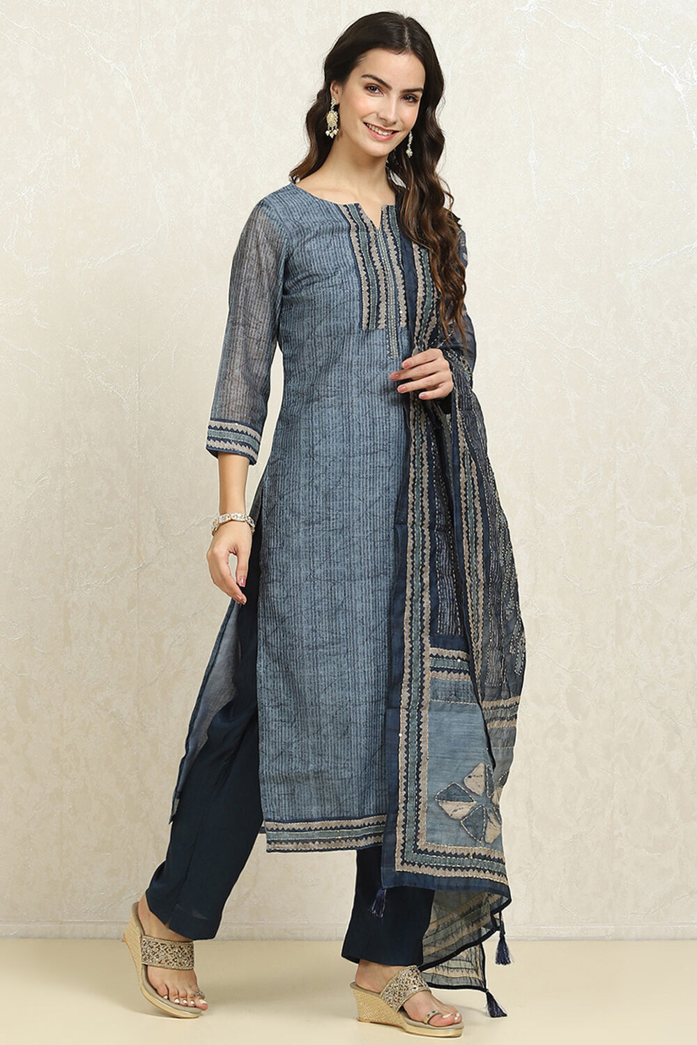 Grey Chanderi Blend Printed Unstitched Suit Set image number 6