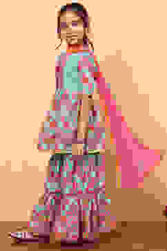 Turquoise Cotton Ikat Printed Peplum Flared Suit Set image number 4