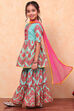 Turquoise Cotton Ikat Printed Peplum Flared Suit Set image number 4