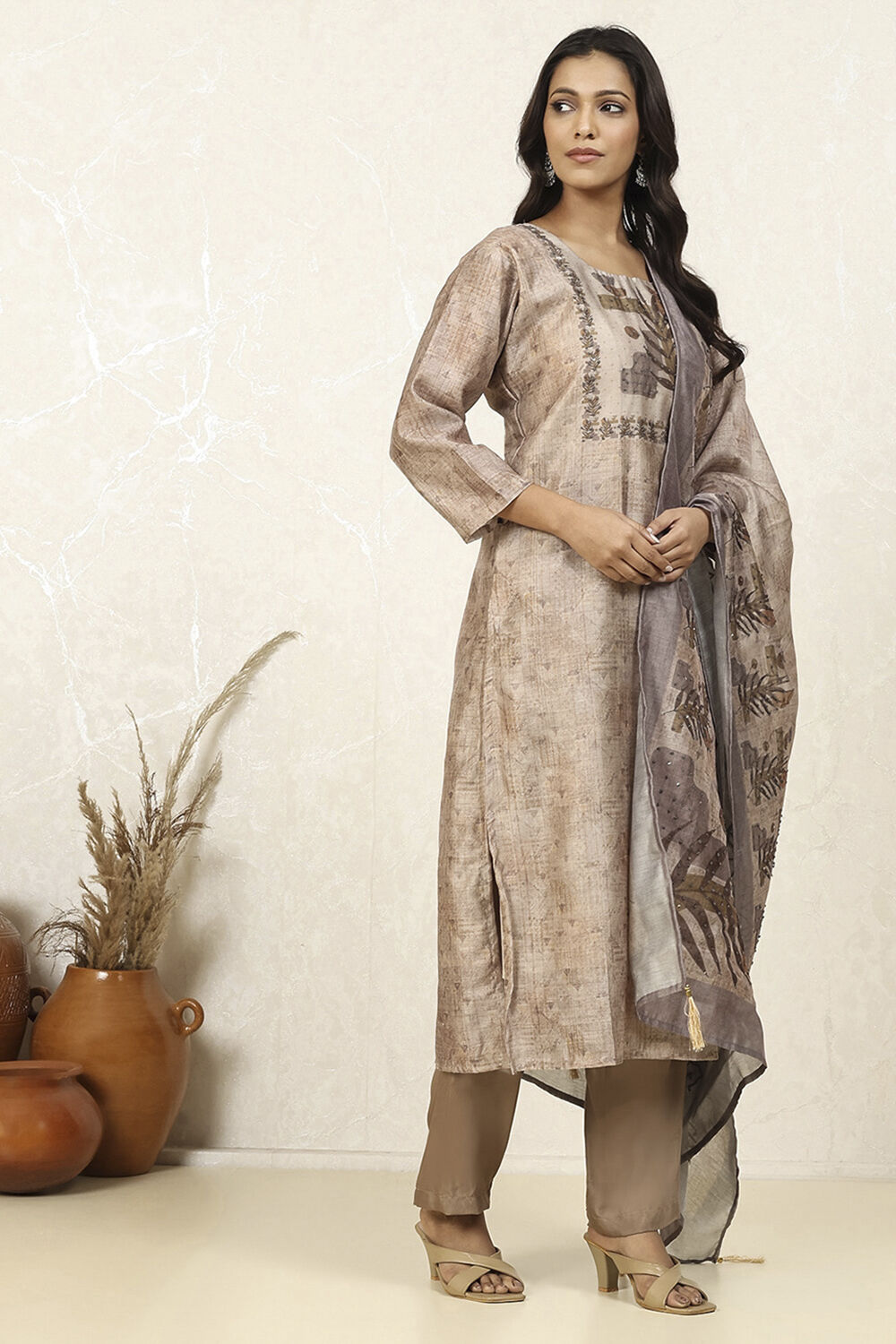 Peach Silk Blend Printed  Embroidered Unstitched Suit Set image number 6