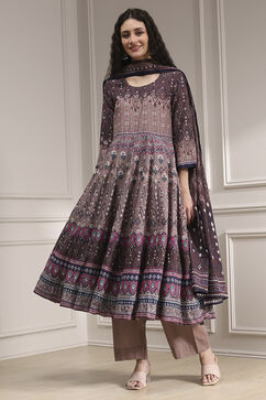 Mud Brown Cotton Printed Anarkali Suit Set image number 6