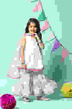 Off White Cotton Gathered Kurta Garara Suit Set image number 7