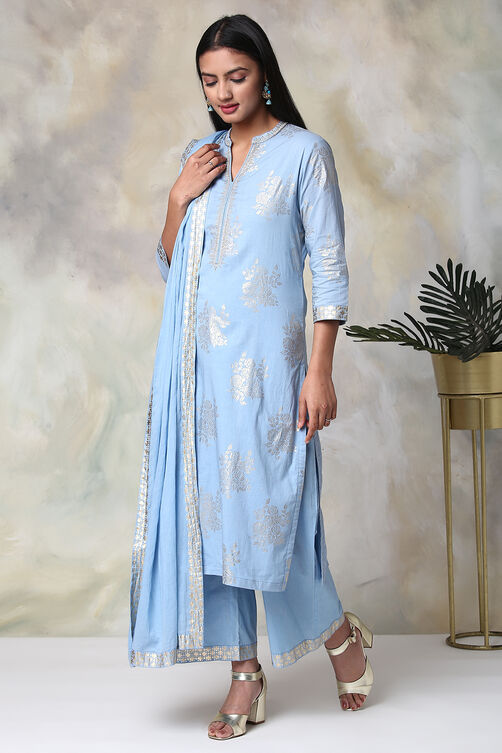 Light Blue Cotton Straight Kurta Palazzo Suit Set image number 4