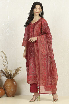 Green-Maroon Chanderi Unstitched Suit Set image number 4