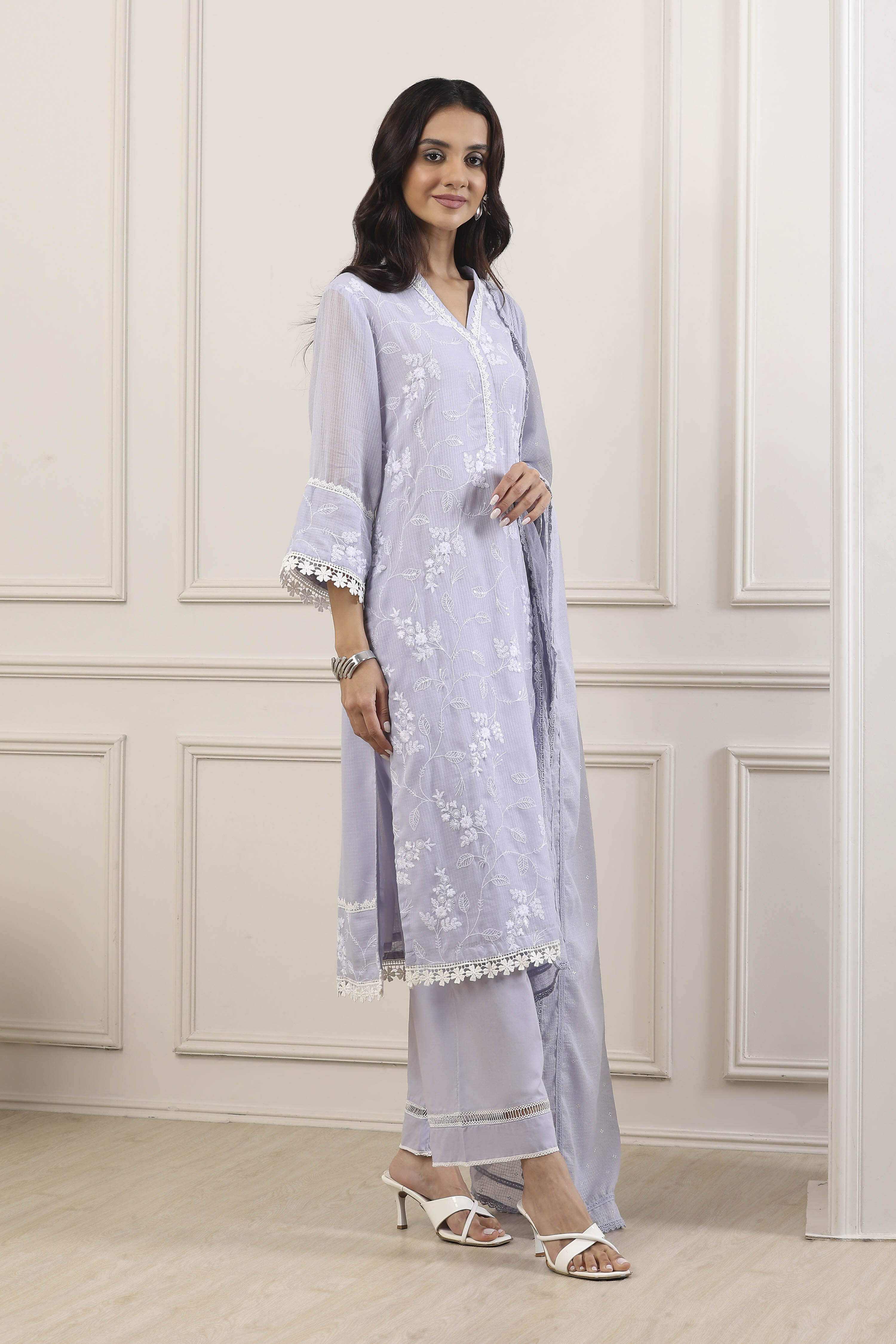 Purple Cotton Straight Suit Set image number 5