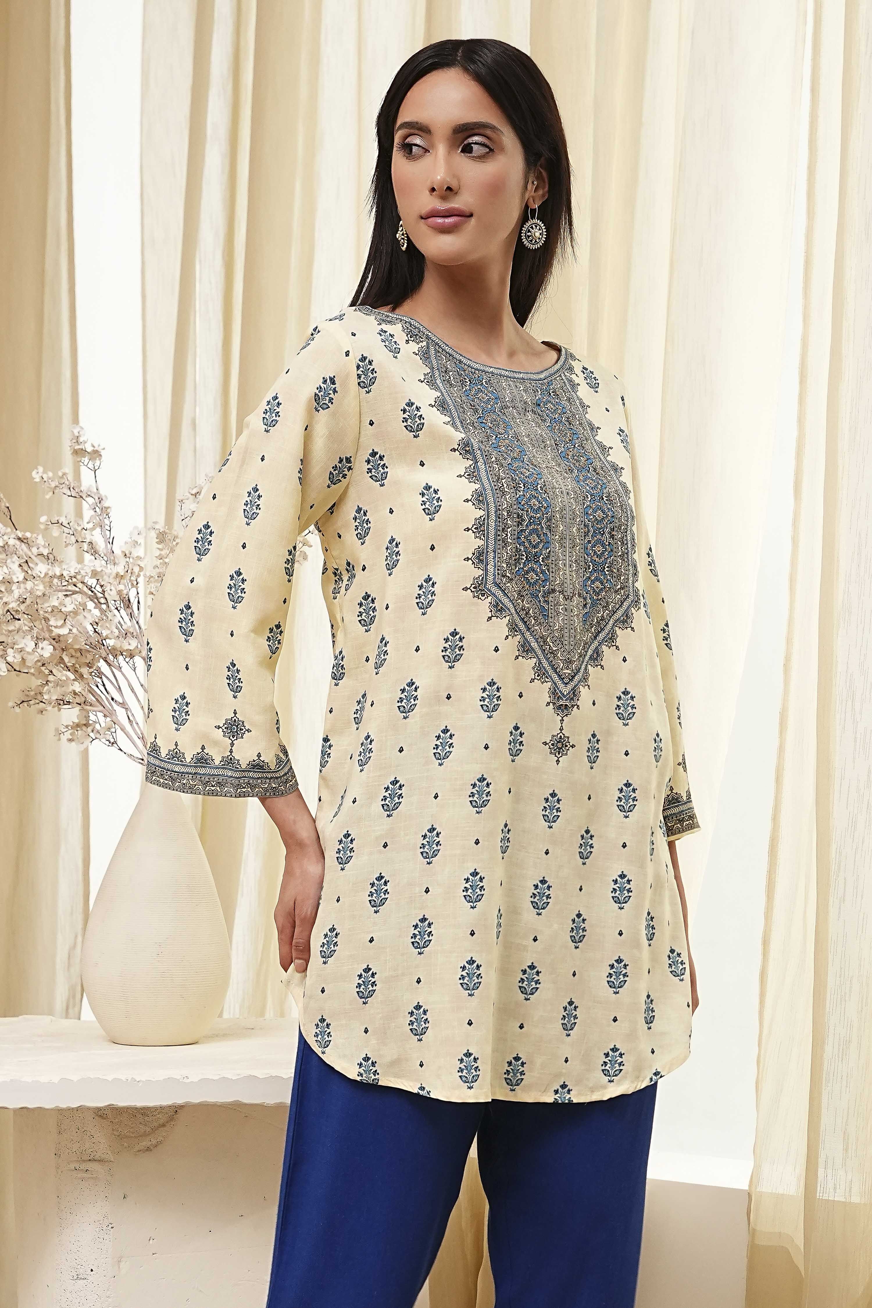 Beige Printed Straight Short Kurta image number 4