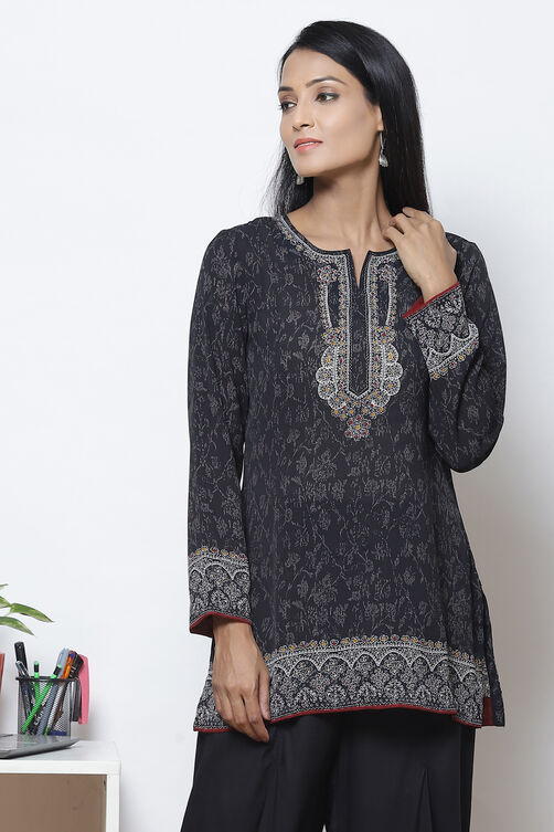 Black Straight Art Silk Short Printed Kurti image number 2