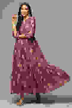 Purple Cotton Blend Tiered Printed Dress image number 5