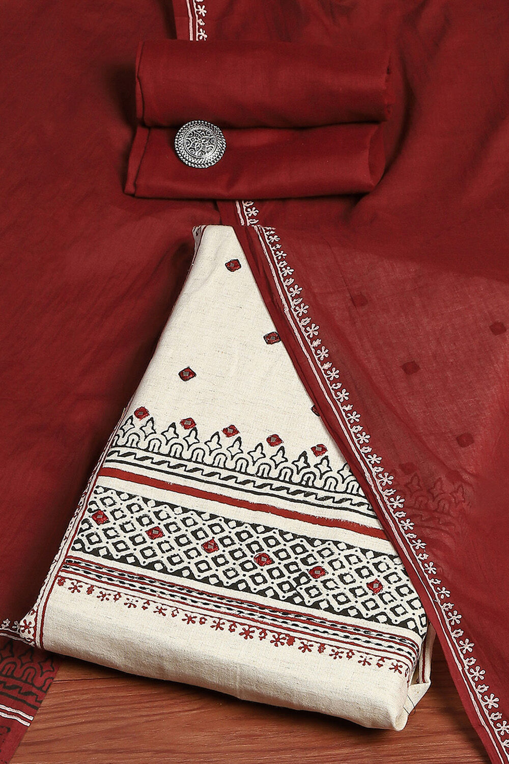 Off-White and Red Cotton Printed Unstitched Suit Set image number 0