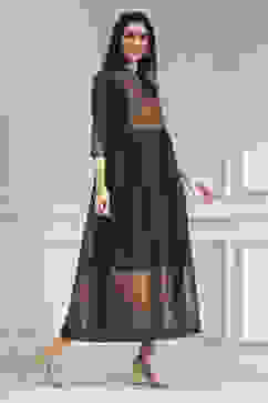 Navy Blue Yarn-Dyed Flared Kurta image number 4