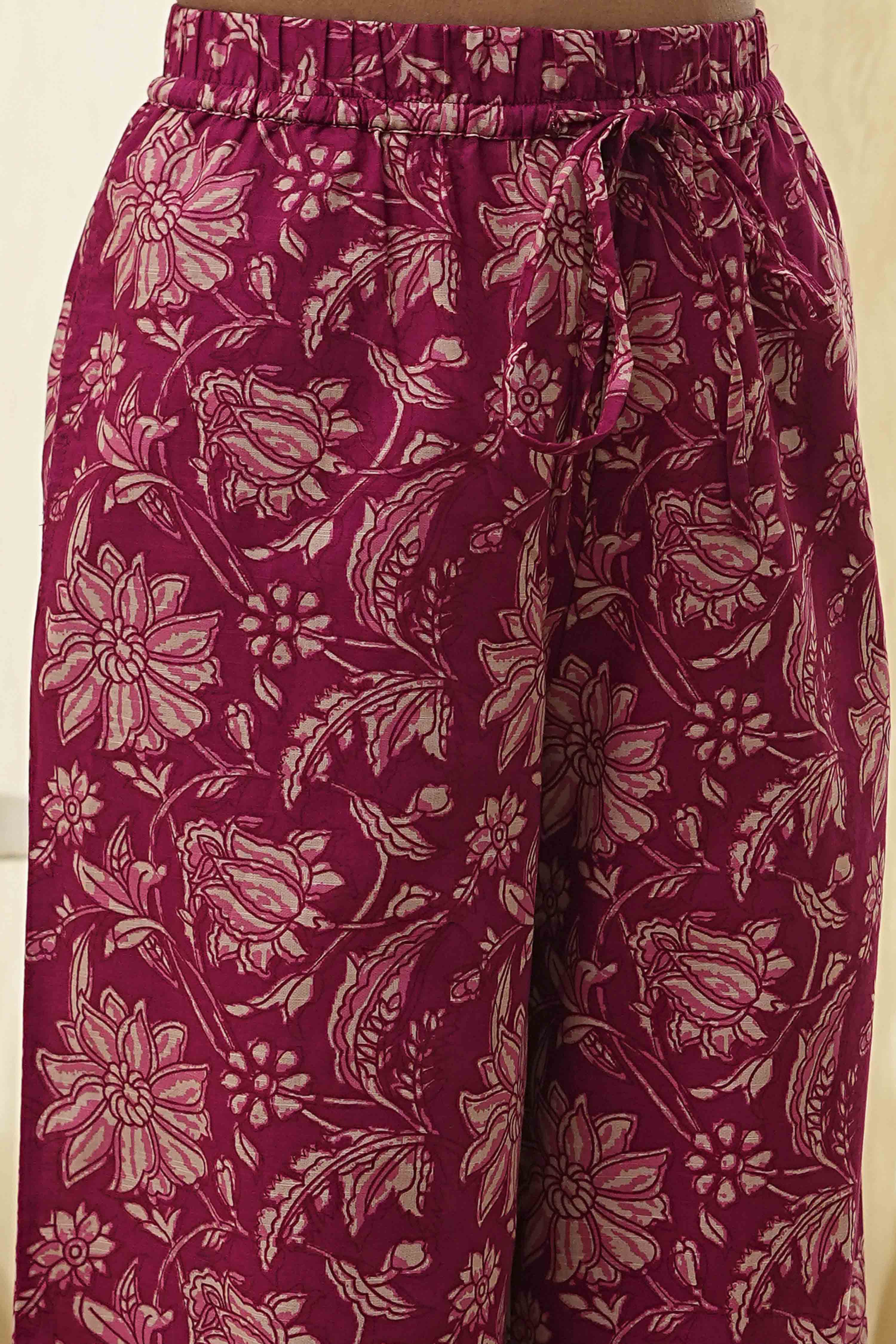 Plum Red Cotton Printed Kurta Set image number 2
