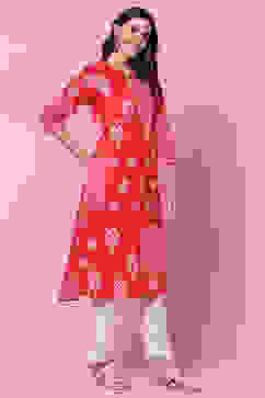 Red Cotton A Line Kurta image number 3
