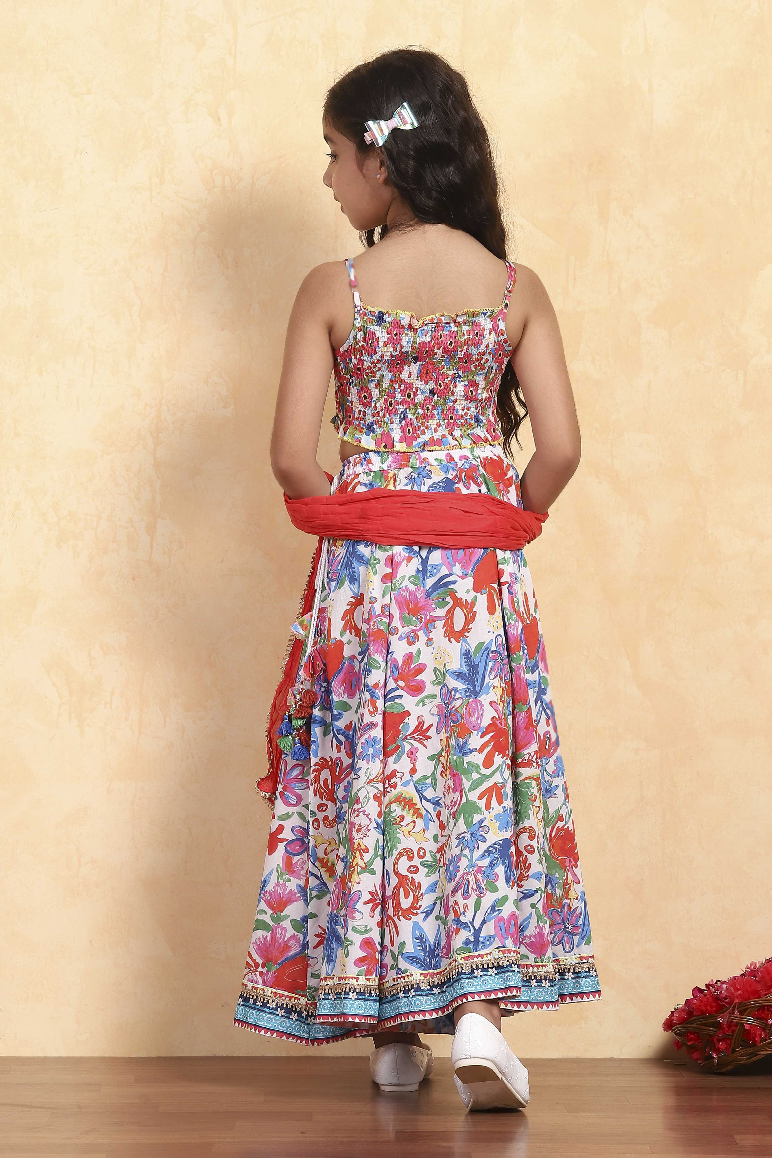 White Viscose Rayon Flared Printed Lehenga Set image number 4