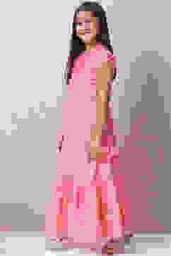 Peach Art Silk Printed Short Top Lehenga Set image number 3