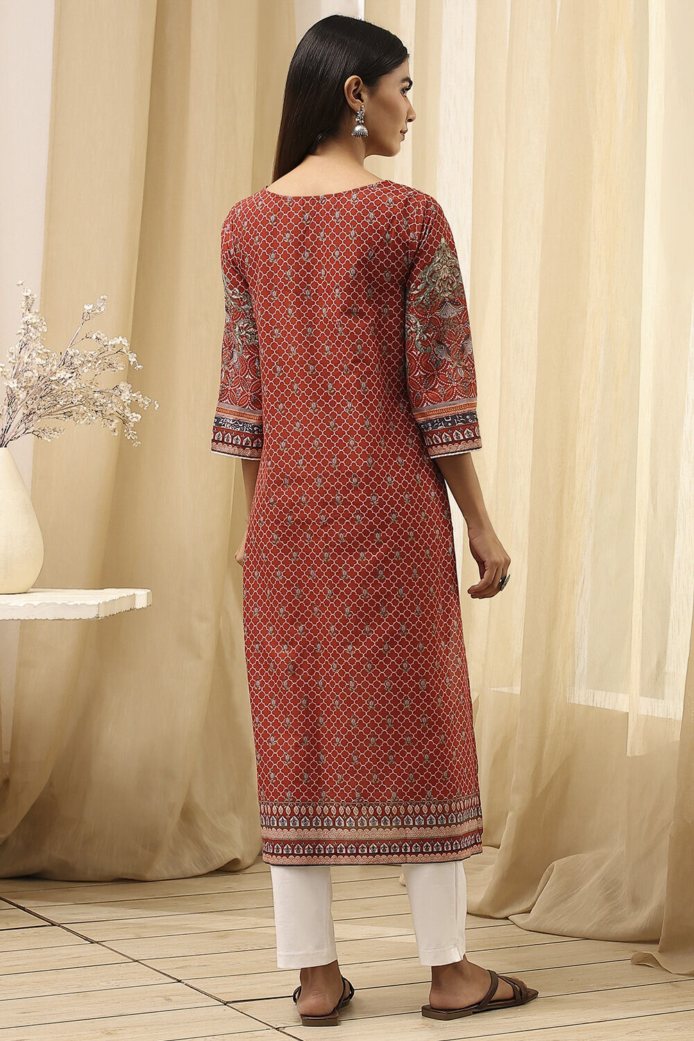 Green Cotton Printed Straight Kurta image number 4