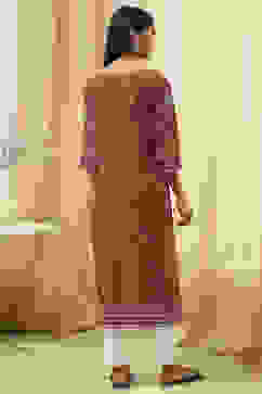 Rust Cotton Printed Straight Kurta image number 4