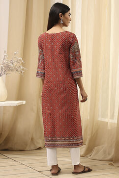 Rust Cotton Printed Straight Kurta image number 4