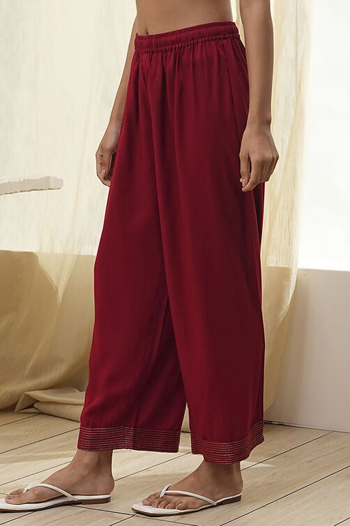 Red Solid Straight Palazzos image number 2
