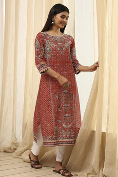 Rust Cotton Printed Straight Kurta image number 0