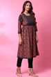 Rust Art Silk A-Line Printed Kurta image number 2