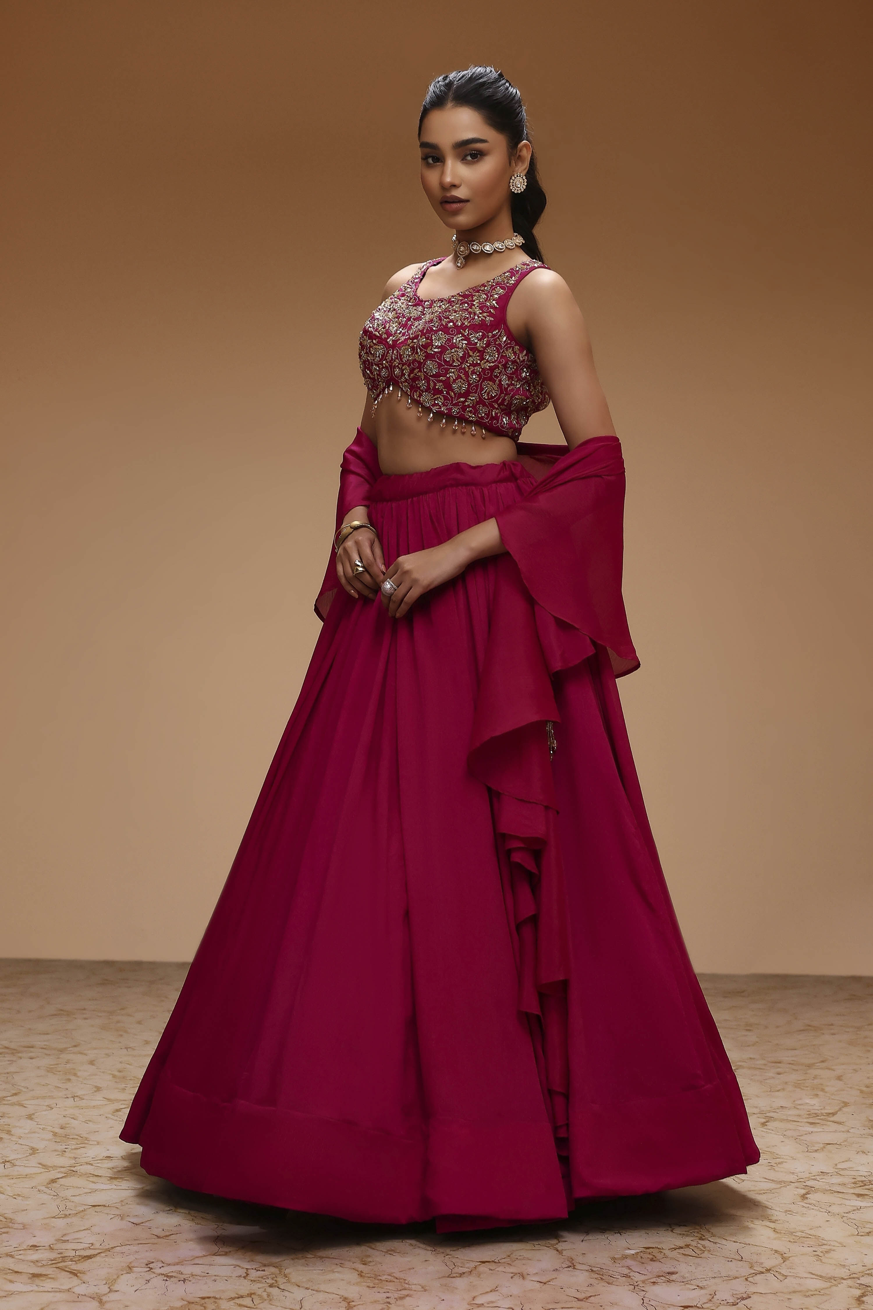 Berry Pink Pure Chinnon Hand Embroidered Lehenga Set image number 3