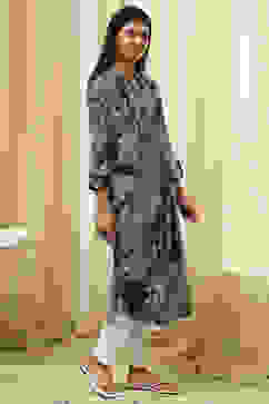 Charcoal Floral Printed Straight Kurta image number 3