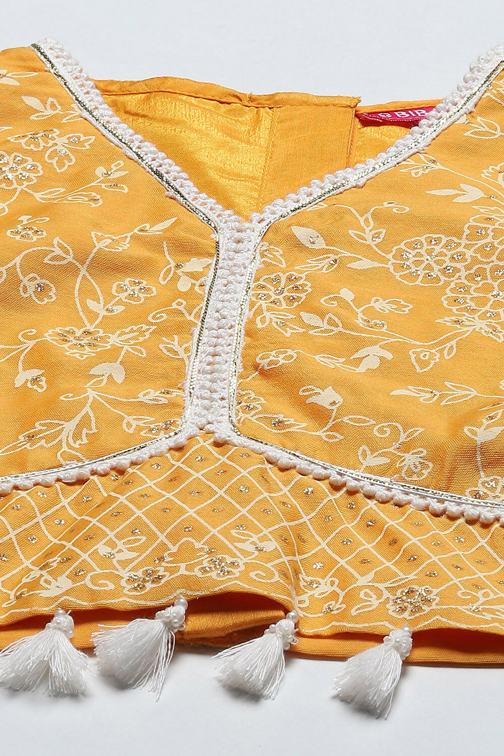Yellow Poly Chanderi Printed Tasseled Lehenga Set image number 1