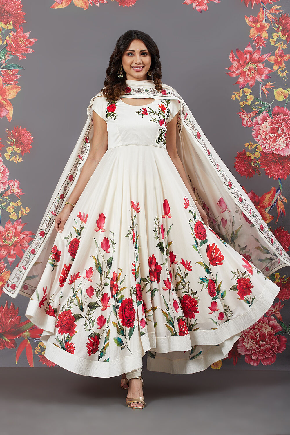 Rohit Bal Beige Cotton Silk Flared Printed Suit Set image number 0