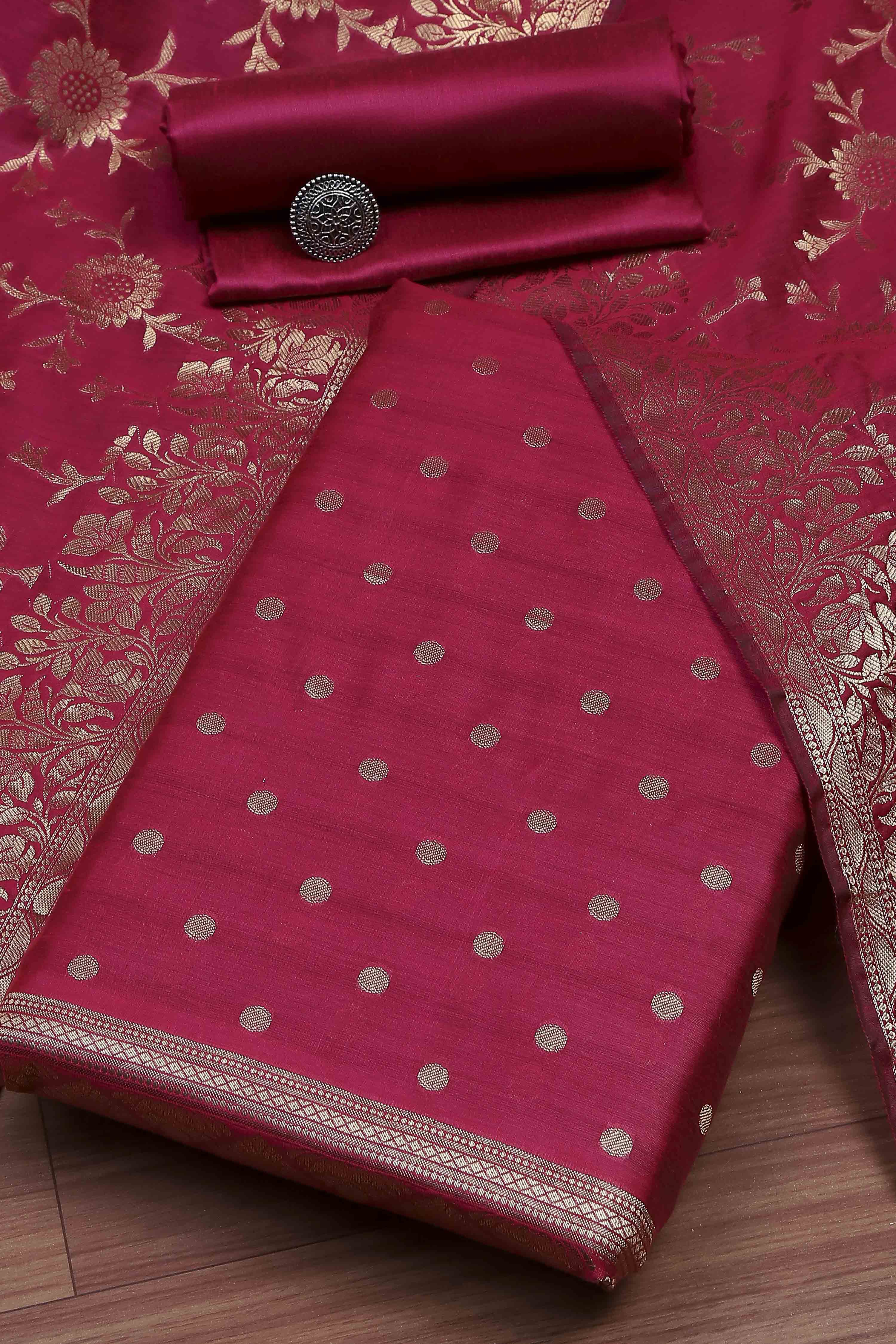 Red Banarasi Chanderi Banarasi Print Unstitched Suit Set image number 0