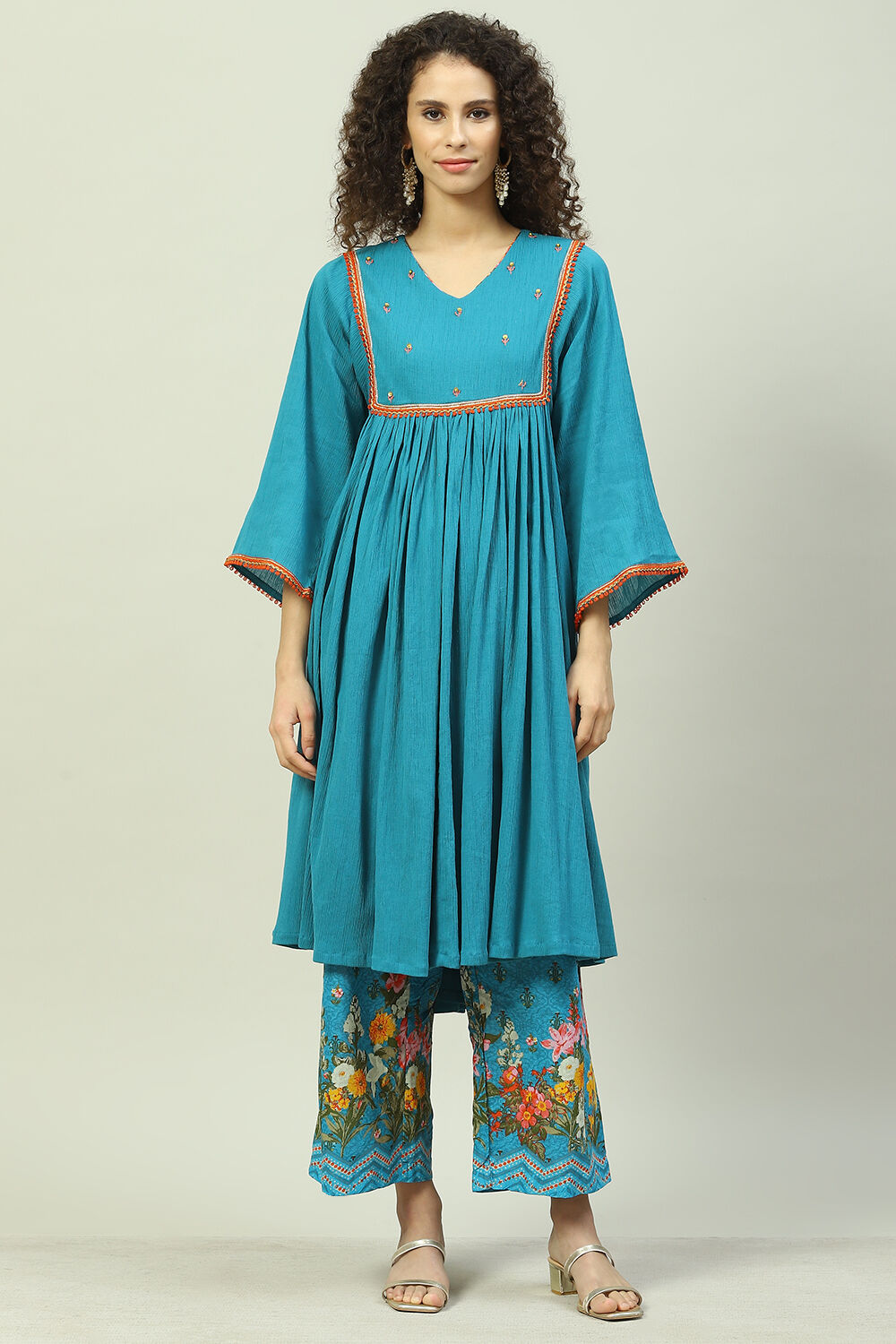 Turquoise Blue Art Silk Gathered Kurta Palazzo Suit Set image number 5