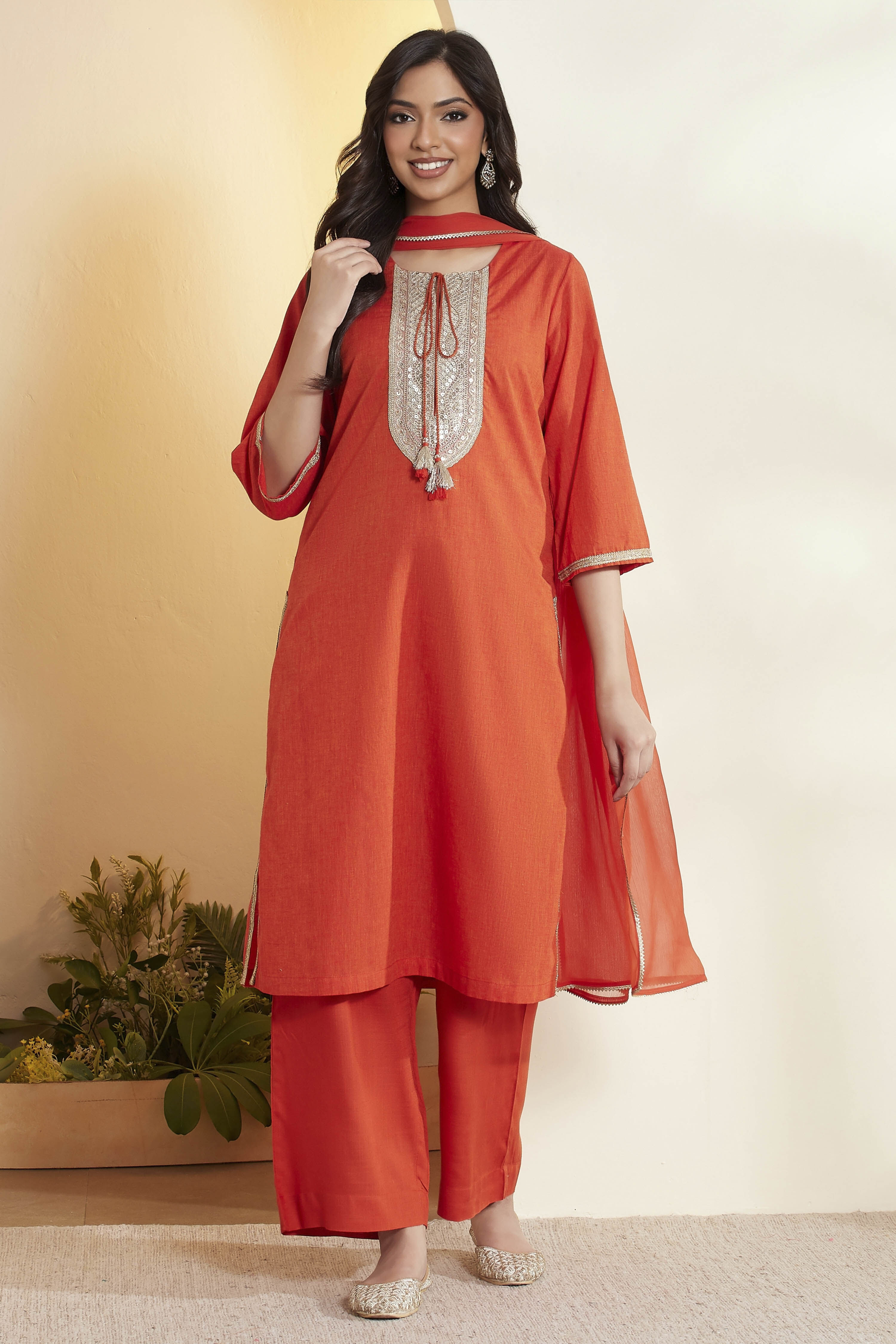 Rust Cotton Yoke Design Straight Kurta Set image number 7