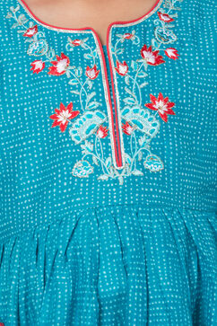 Turquoise And Red Cotton Anarkali Kurta Flared Palazzo Suit Set image number 1