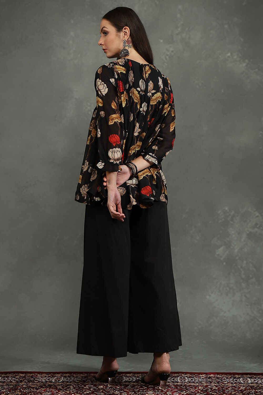 Black Silk Chanderi Floral Printed Gathered Co-ord Set image number 4