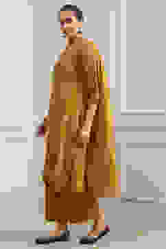 Mustard Yellow Cotton Embroidered Kalidar Suit Set image number 3