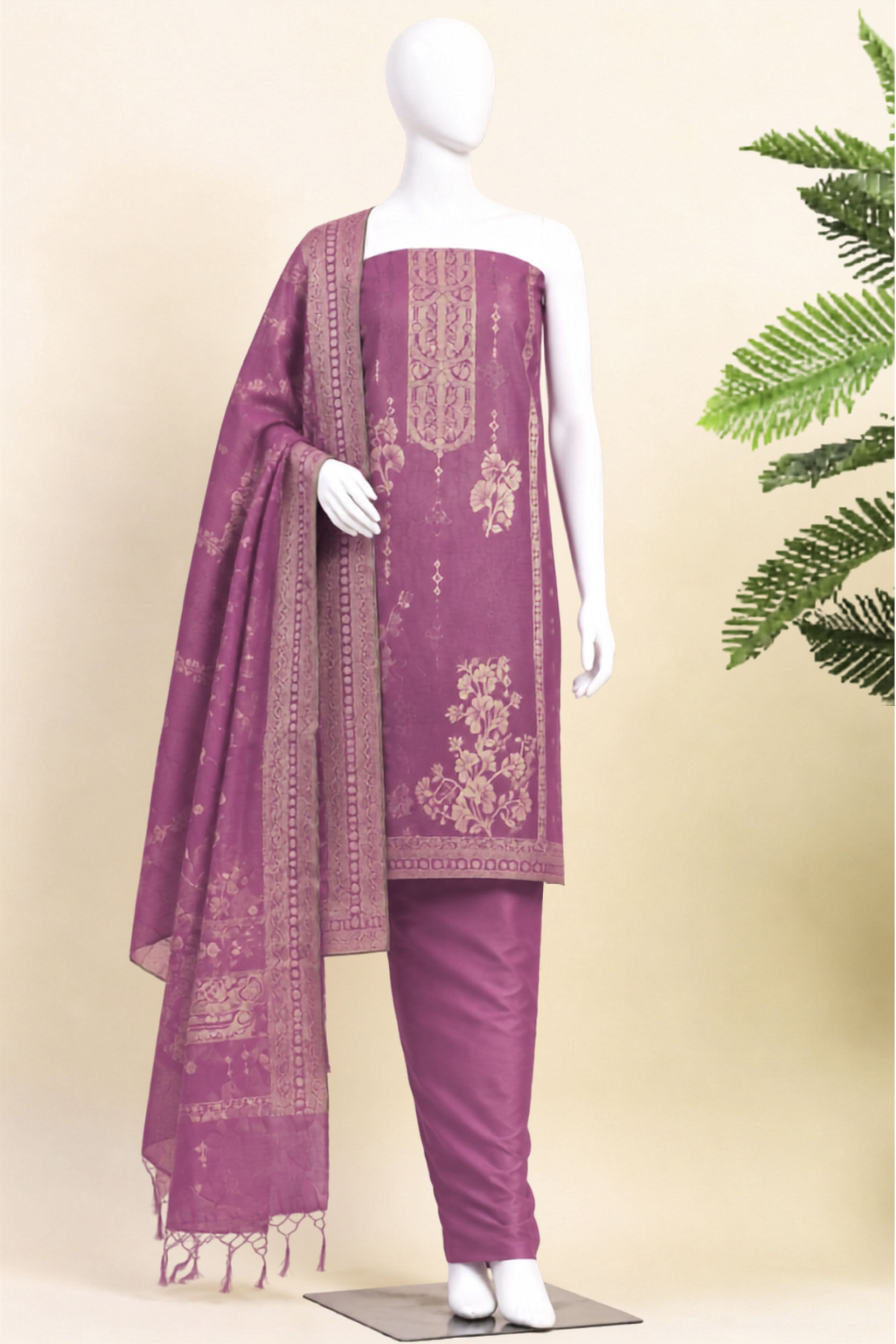 Purple Jacquard Traditional Weaving Unstitched Suit Set image number 5