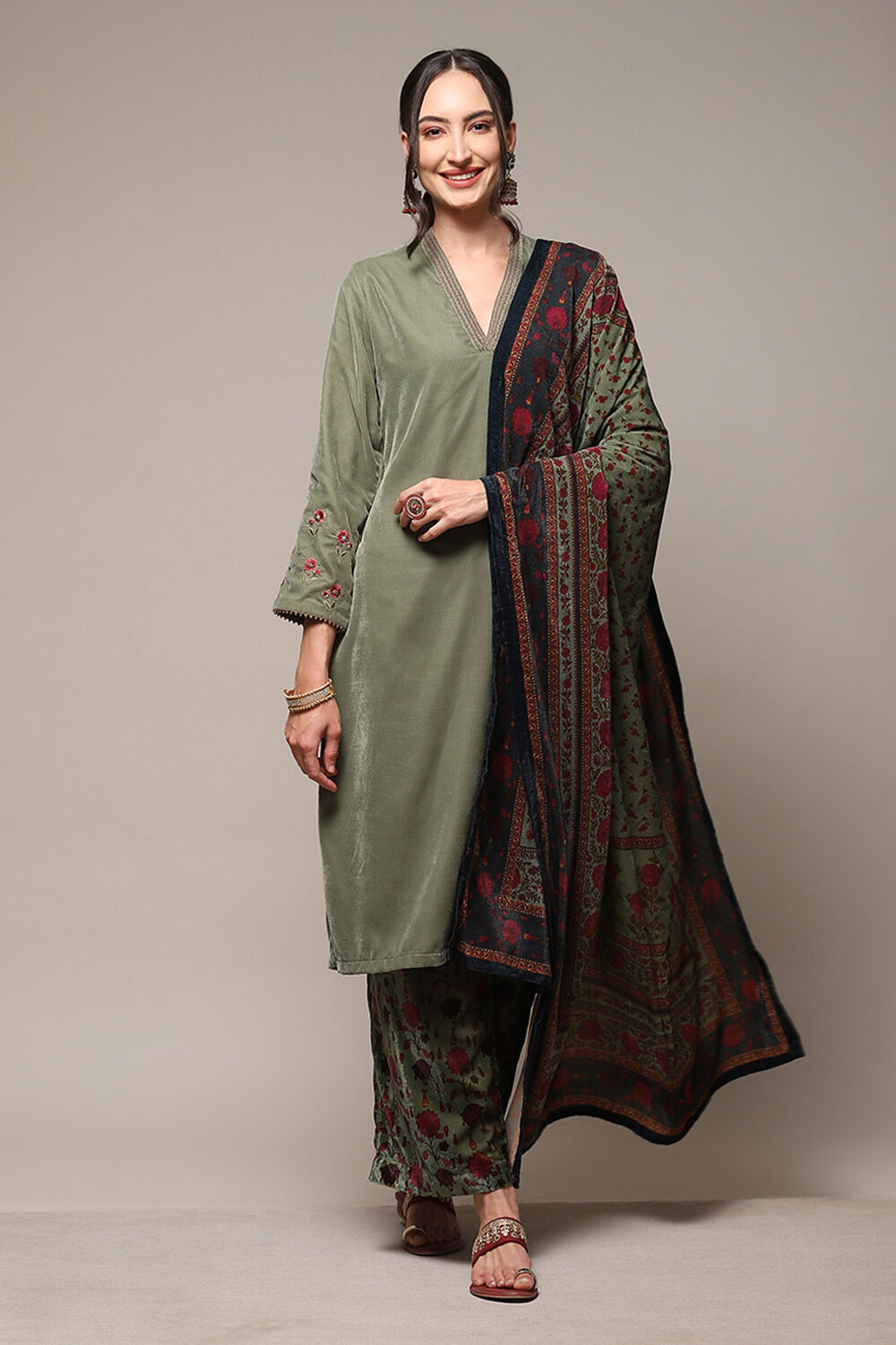 Dark Military Green Art Silk Straight Kurta Palazzo Suit Set image number 7