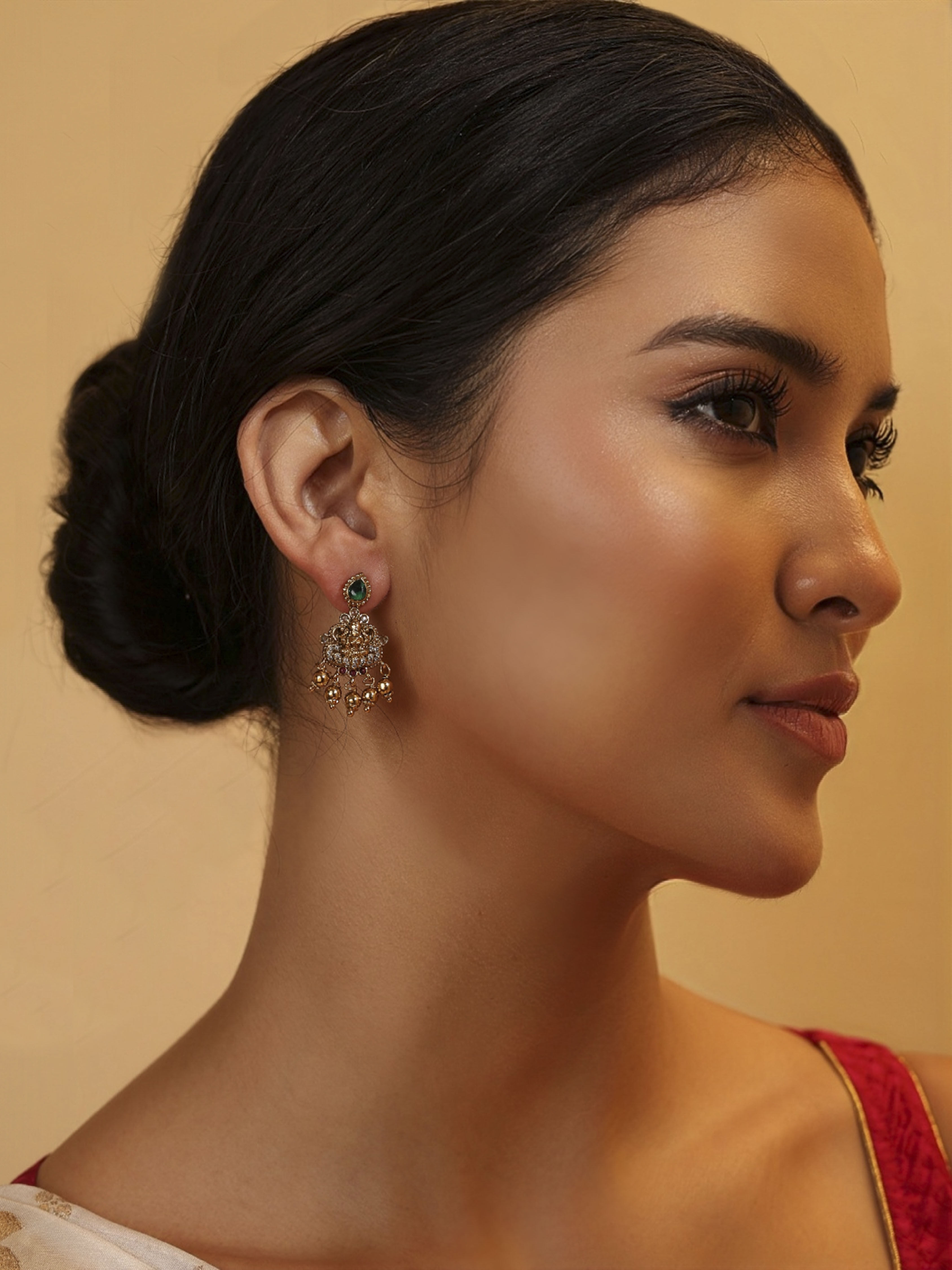 Green Brass Gold Plated Drop Earrings image number 3