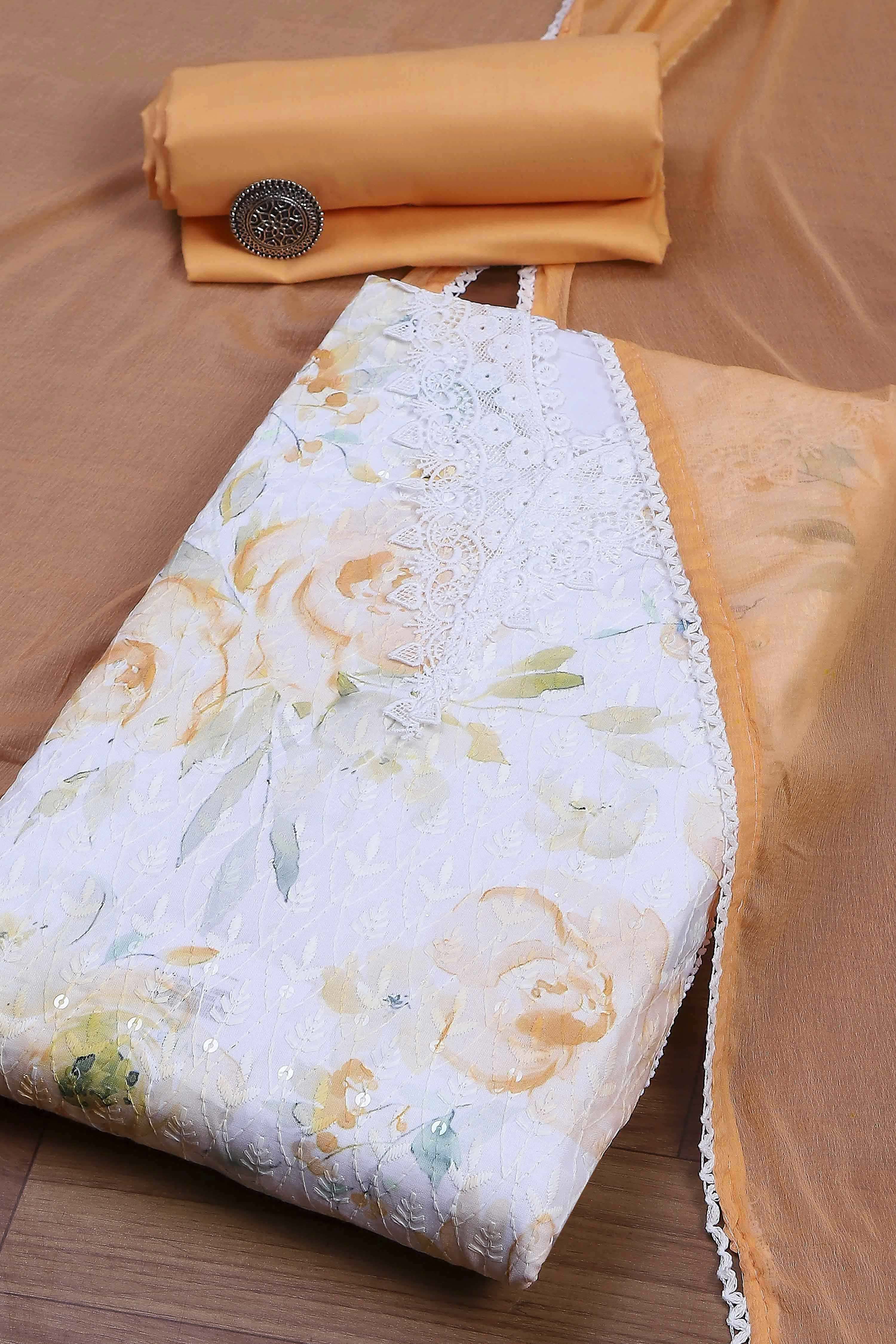 Ochre Cotton Printed Embroidered Unstitched Suit Set image number 0