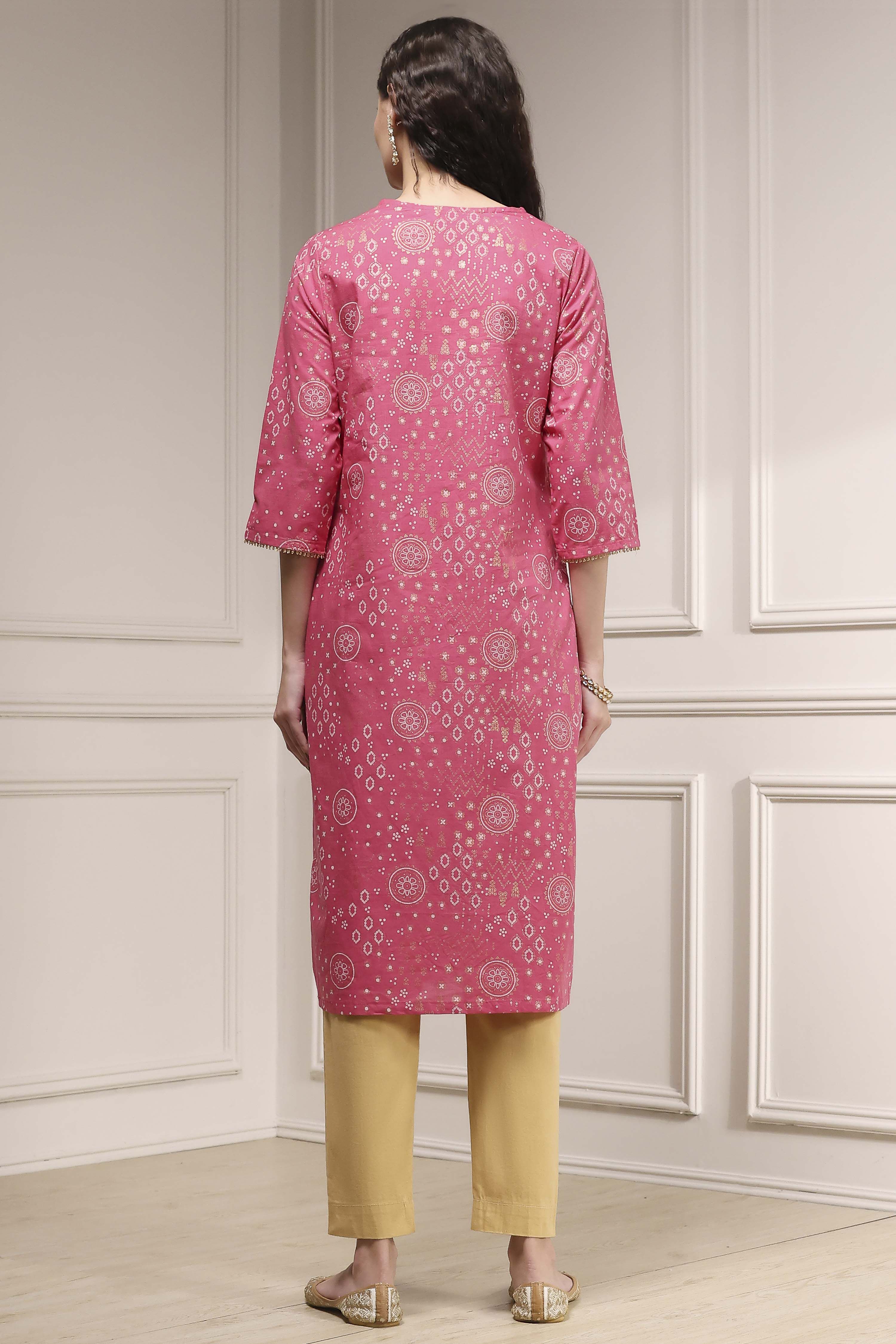 Pink Cotton Printed Straight Kurta image number 3