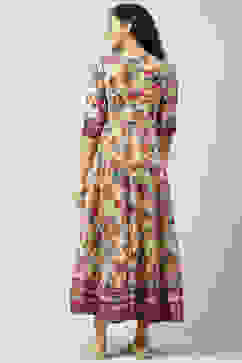 Off White Art Silk Flared Fusion Printed Dress image number 4