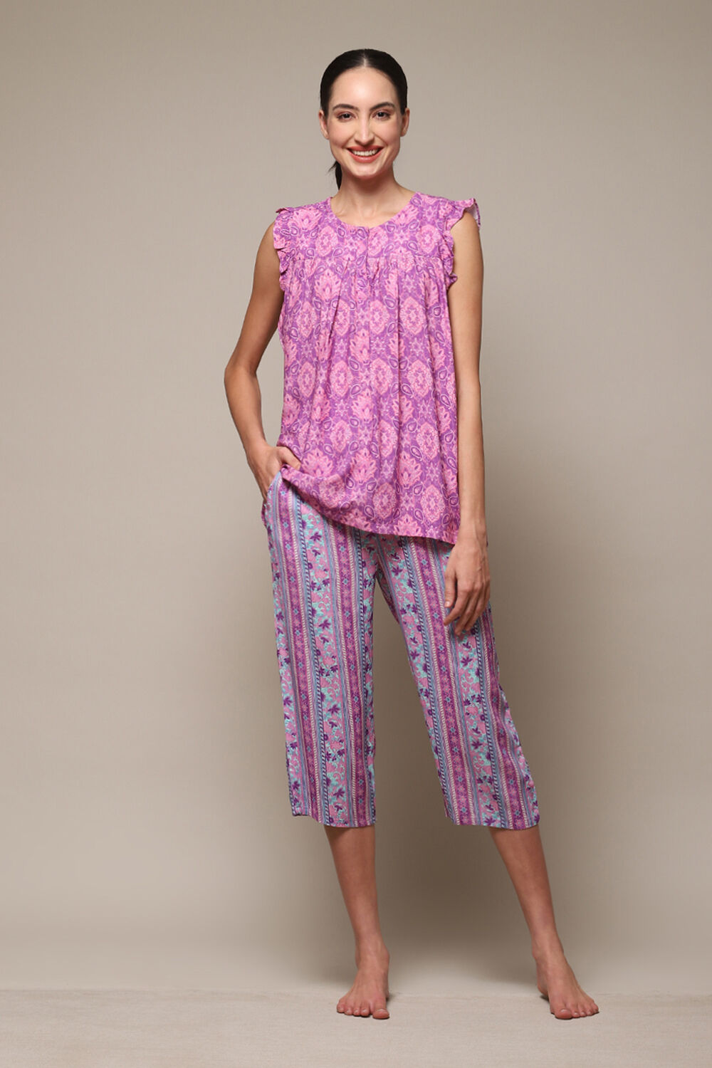 Purple Rayon Printed 2 Piece Sleepwear Set image number 6