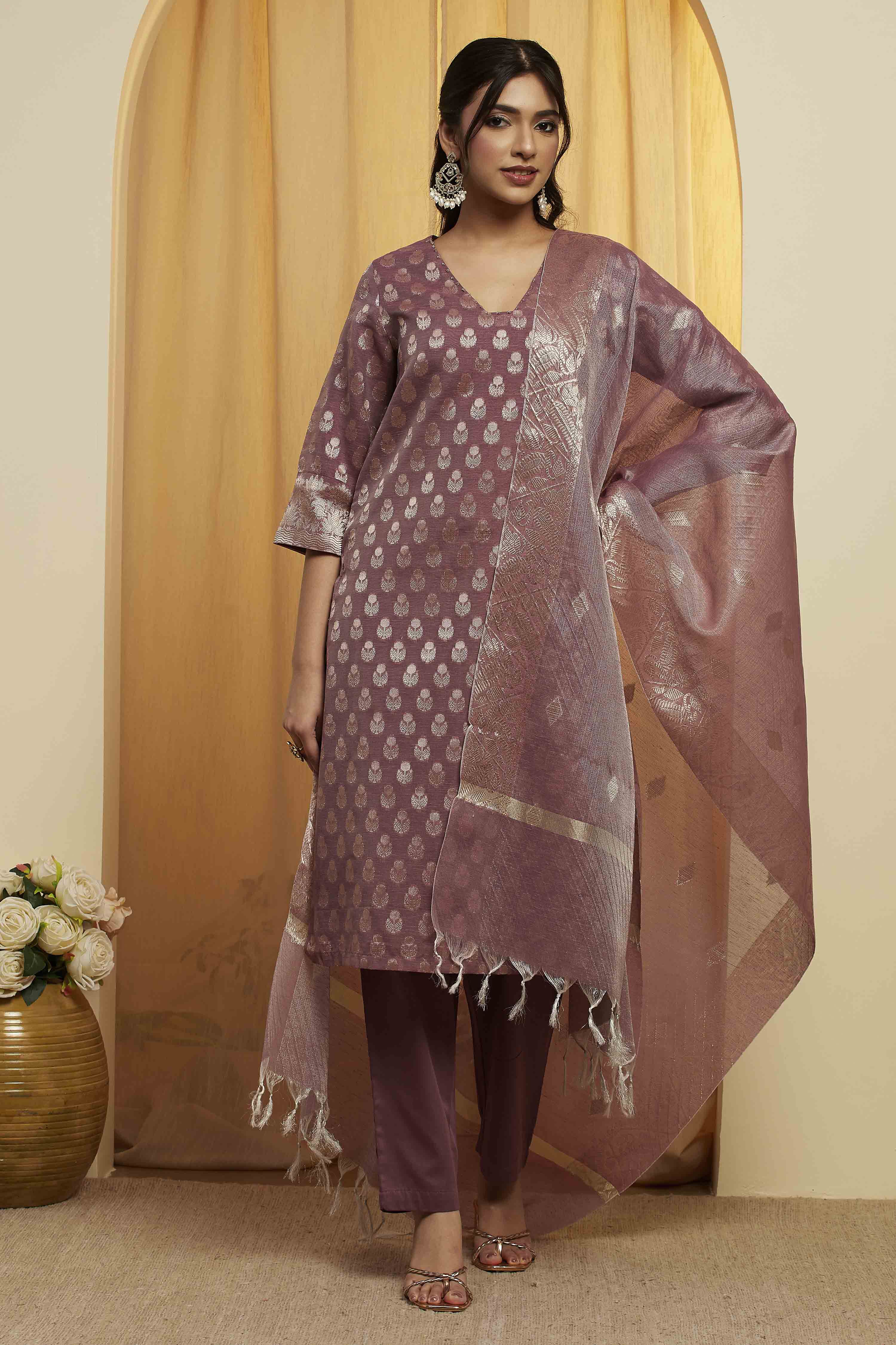 Grey Polyester Straight Suit Set image number 6