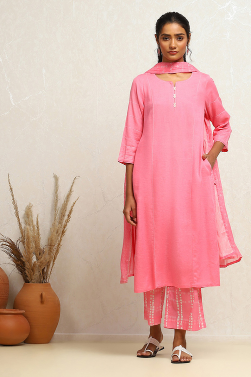 Pink Cotton Solid Straight Suit Set image number 0
