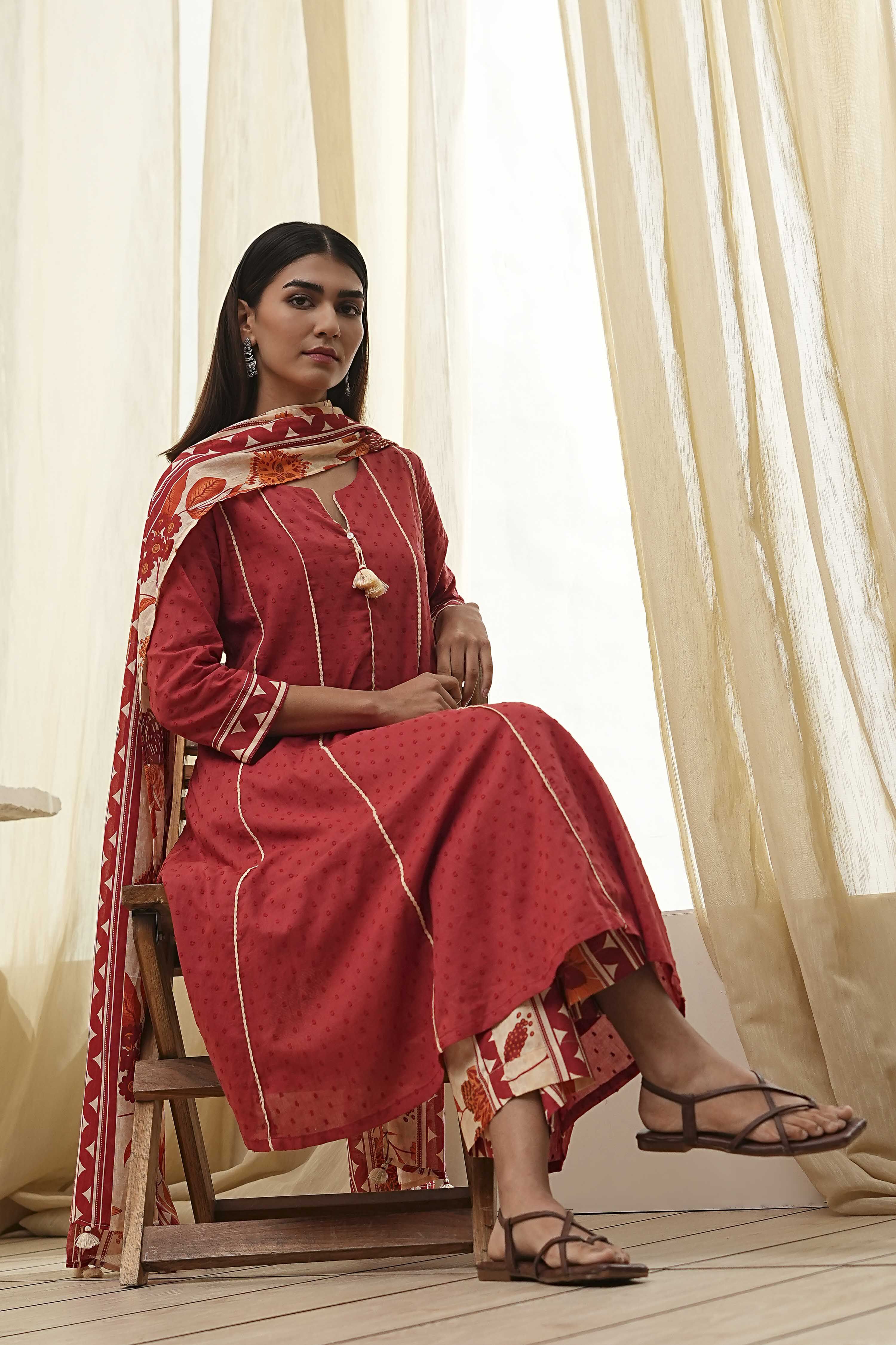 Rust Cotton Yarn-Dyed Kalidar Suit Set image number 0