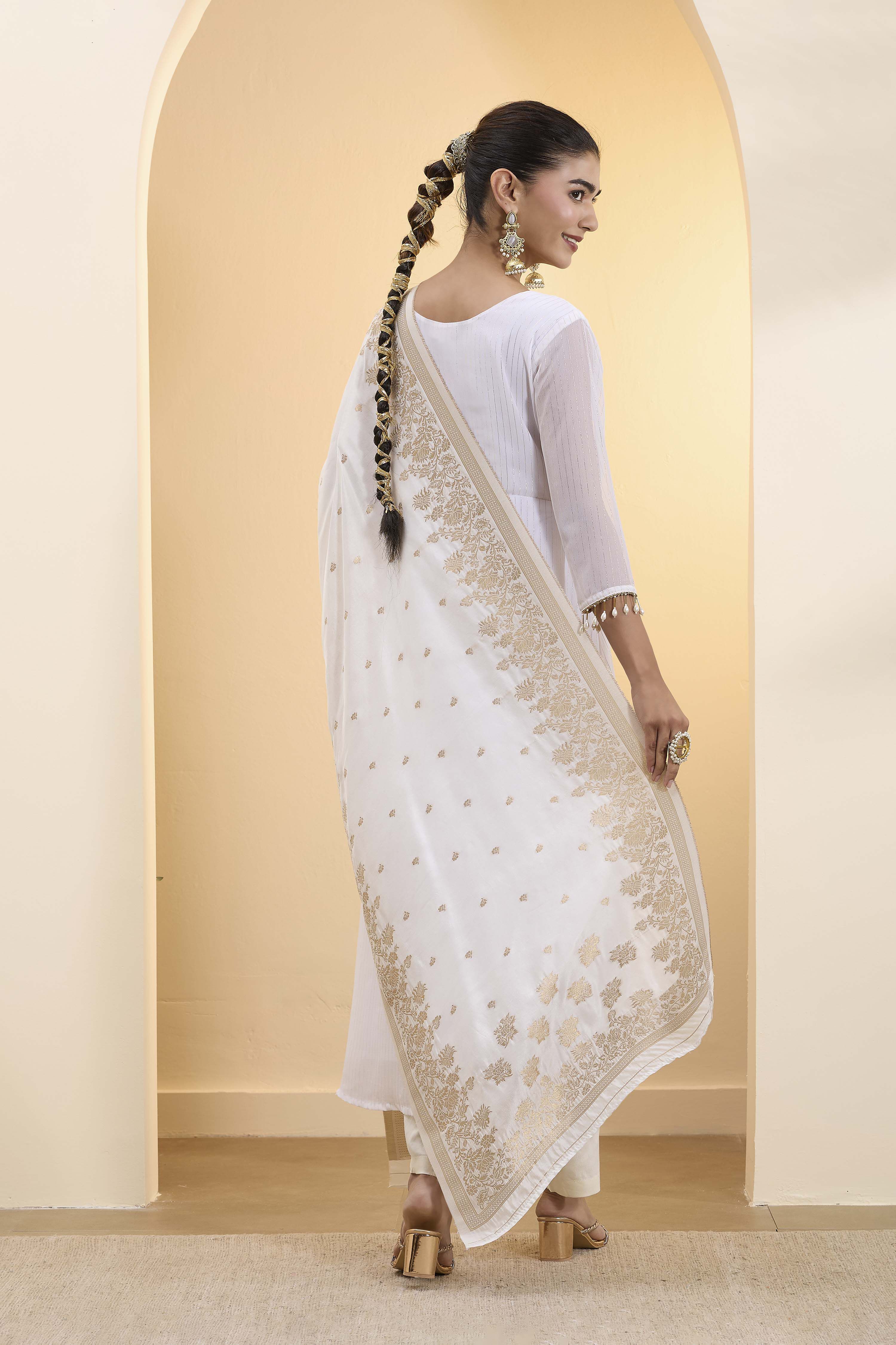 Off-White Poly Zari Printed Dupatta image number 2
