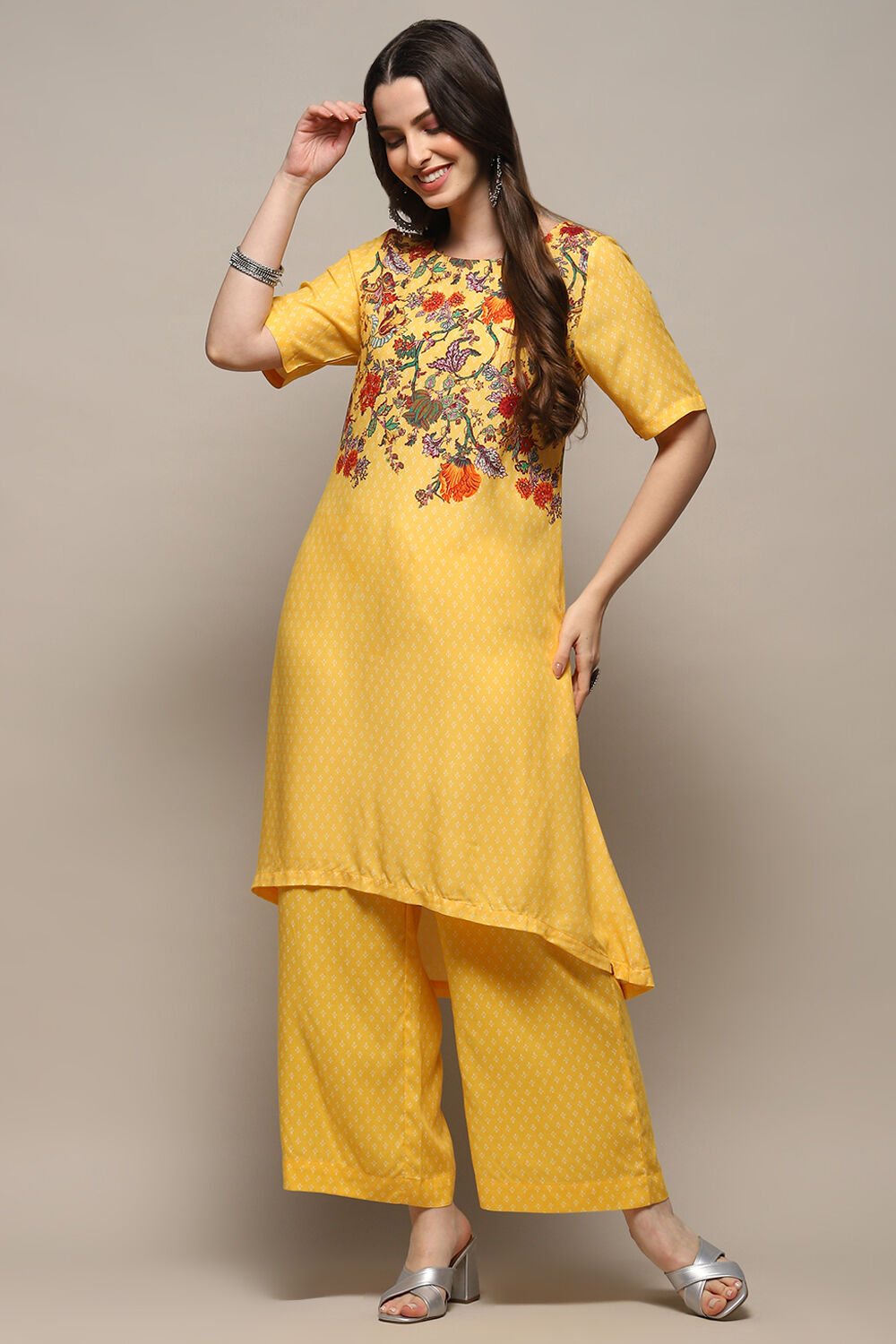 Yellow Rayon flax Asymmetric Kurta Palazzo Suit Set image number 0