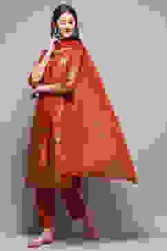 Maroon Viscose Straight Kurta Regular Pant Suit Set image number 7