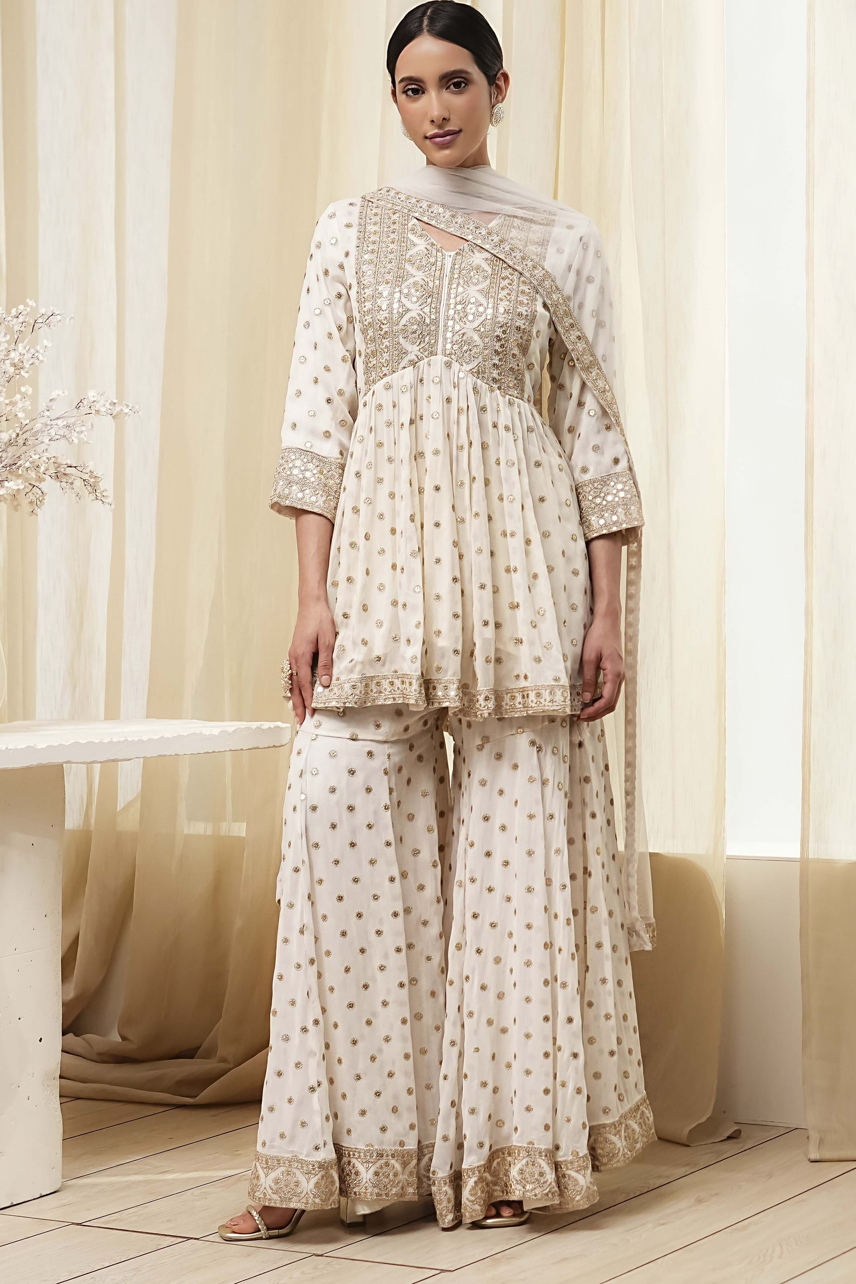 Ivory Georgette Embroidered Peplum Suit Set image number 7