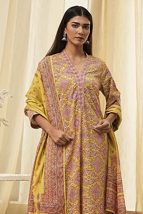 Green Cotton Printed Straight Suit Set image number 1